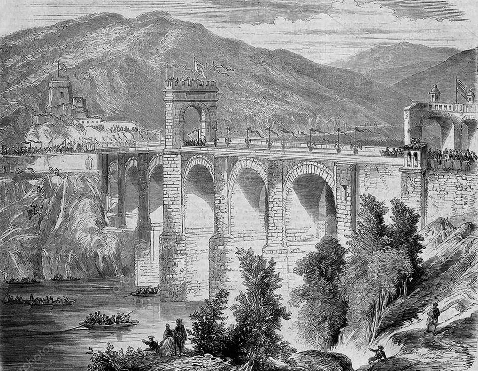 Ilustración del siglo XIX del Puente Romano de Alcántara. 
